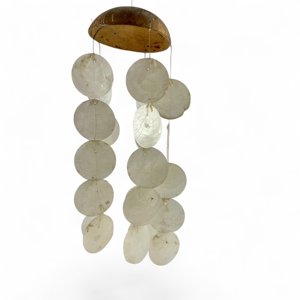 Vintage Capiz Shell Wind Chime Coconut Top Coastal Boho Hanging Decor 18 Inch